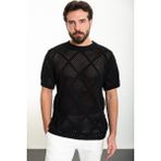Desenli Siyah Oversize Bisiklet Yaka Erkek Triko T-Shirt - XL