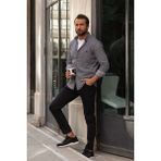 Desenli Siyah Rengi Slim Fit Gizli Düğmeli Erkek Gömlek - Siyah-Gri