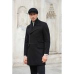 Desenli Siyah Slim Fit Çarpraz Fermuarlı Geniş Yaka Yün Erkek Kaban - 50