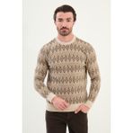 Desenli Slim Fit Bisiklet Yaka Yün Erkek Triko Kazak - Bej