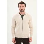 Desenli Slim Fit Fermuarlı Gömlek Yaka Pamuk Erkek Triko Ceket - Bej - XL