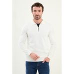 Desenli Slim Fit Fermuarlı Polo Yaka Erkek Triko Kazak - Ekru