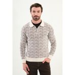 Desenli Slim Fit Fermuarlı Polo Yaka Şönil Kumaş Erkek Triko Kazak - Ekru
