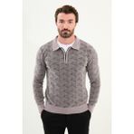 Desenli Slim Fit Fermuarlı Polo Yaka Şönil Kumaş Erkek Triko Kazak - Gri - XL