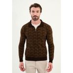 Desenli Slim Fit Fermuarlı Polo Yaka Şönil Kumaş Erkek Triko Kazak - Kahverengi
