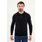 Desenli Slim Fit Fermuarlı Polo Yaka Şönil Kumaş Erkek Triko Kazak - Lacivert