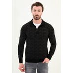 Desenli Slim Fit Fermuarlı Polo Yaka Şönil Kumaş Erkek Triko Kazak - Siyah - 2XL