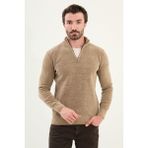 Desenli Slim Fit Fermuarlı Yarım Balıkçı Yaka Şönil Kumaş Erkek Triko Kazak - Bej - XL