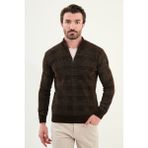 Desenli Slim Fit Fermuarlı Yarım Balıkçı Yaka Şönil Kumaş Erkek Triko Kazak - Kahverengi - 2XL