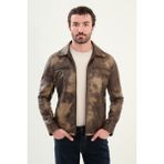 Desenli Slim Fit Gömlek Yaka Suni Deri Erkek Mont - Kahverengi - 52