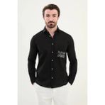 Desenli Slim Fit Uzun Kollu Keten Erkek Gömlek - Siyah - 2XL