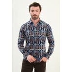 Desenli Slim Fit Uzun Kollu Oduncu Yün Erkek Gömlek - Lacivert - Camel