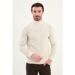 Desenli Slim Fit Yarım Balıkçı Yaka Şönil Kumaş Erkek Triko Kazak - Ekru