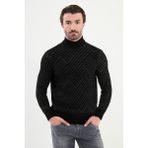 Desenli Slim Fit Yarım Balıkçı Yaka Şönil Kumaş Erkek Triko Kazak - Siyah - 2XL