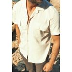 Desenli Taş Rengi Slim Fit Kısa Kollu Apaç Yaka Erkek Gömlek - 2XL