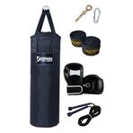 Desfabe Polydes 80x25 Cm Kolonlu Boks Kum Torbası Siyah+Askı Aparatı+Boks Eldiveni+El Bandajı+Ip