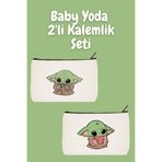designedfy Baby Yoda 2'li Makyaj Çantası Avantaj Seti, Kalemlik, Cüzdan, Bez Çanta
