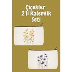designedfy Sarı ve Mor Çiçekler 2'li Makyaj Çantası Avantaj Seti, Kalemlik, Cüzdan, Bez Çanta