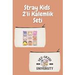 designedfy Stray Kids 2'li Makyaj Çantası Avantaj Seti, Kalemlik, Cüzdan, Bez Çanta