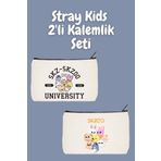 designedfy Stray Kids Skzoo 2'li Makyaj Çantası Avantaj Seti, Kalemlik, Cüzdan, Bez Çanta