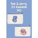 designedfy Tom Ve Jerry 2'li Makyaj Çantası Avantaj Seti, Kalemlik, Cüzdan, Bez Çanta