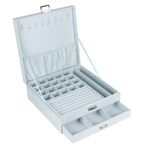 DesignSter Çekmeceli ve kapaklı 2 katlı mücevher kutusu, kilitli çok fonksiyonlu yuvalı kadife takı organizatörü, kolye, bilezik, yüzük, küpe, saat için takı teşhir kutusu