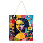 Desio Tote Çanta Kumaş Çanta Plaj Çantası Büyük Kadın Omuz Çantası Estetik Baskılı Kumaş Çanta Hediyesi Kadına Özel Jüt Görünümlü Alışveriş Üniversite İş Okul XL Boy Mona Lisa Renkli Sanat Baskılı