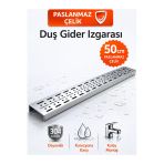 DESIPHON 50 cm Lineer Duş Gider Izgarası 304 Paslanmaz Çelik 5 cm Genişlik Üst Kapak Duş Kanalı Gideri Parlak Krom