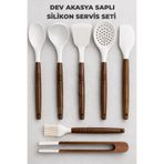 Destpak 7 Parça Silikon Servis Seti - Akasya Saplı Kevgir Kepçe Kaşık Maşa Spatula Yumurta Fırçası Sıyırma