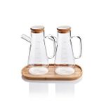 Devigo 2x900 Ml Standlı Cam Yağlık Seti Sütlük Sosluk Vakumlu Bambu Kapaklı Borosilikat Şeffaf