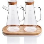 Devigo 2X900 ml Standlı Cam Yağlık Seti Sütlük Sosluk Vakumlu Bambu Kapaklı Borosilikat