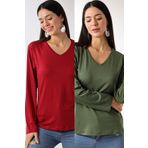 Devinka Kadın 2'li Paket V Yaka Oversize Basic Uzun Kollu T-Shirt