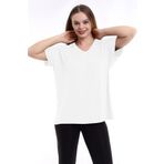 Devinka Kadın Beyaz Büyük Beden V Yaka Oversize Basic T-shirt