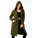 Devinka Kadın Haki Kapşonlu Oversize Salaş Uzun Cepli Triko Hırka DVKA-0699