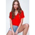 Devinka Kadın Kırmızı V Yaka Basic Örme T-shirt