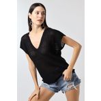 Devinka Kadın Oversize Ajurlu Rahat Kalıp V Yaka T-Shirt Siyah