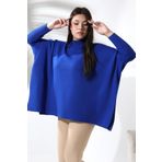 Devinka Kadın Saks Mavi Oversize Yırtmaçlı Triko Panço Kazak (SAKS MAVİ/SSTD)