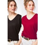 Devinka Kadın Siyah-Bordo 2'li Paket Basic Örme T-Shirt