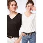 Devinka Kadın Siyah-ekru Beyazı 2'li Paket Basic Örme T-shirt