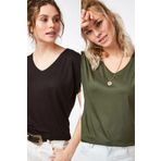 Devinka Kadın Siyah-Haki 2'li Paket Basic Örme T-shirt