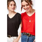 Devinka Kadın Siyah-Kırmızı 2'li Paket Basic Örme T-shirt