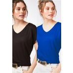 Devinka Kadın Siyah-Saks Mavi 2'li Paket Basic Örme T-Shirt