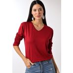 Devinka Kadın V Yaka Oversize Basic Uzun Kollu T-Shirt Bordo