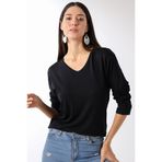 Devinka Kadın V Yaka Oversize Basic Uzun Kollu T-Shirt Siyah