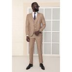 Dewsa Plus Mono Yaka Tek Düğme Çift Yırtmaç Yelekli Slim Fit Düz Bej Takım Elbise - 48 - 6 Drop