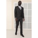 Dewsa Plus Mono Yaka Tek Düğme Çift Yırtmaç Yelekli Slim Fit Düz Gri Takım Elbise - 56 - 6 Drop - Siyah