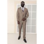 Dewsa Plus Mono Yaka Tek Düğme Çift Yırtmaç Yelekli Slim Fit Düz Kahverengi Takım Elbise - 44 - 6 Drop - Açık Kahverengi