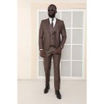 Dewsa Plus Mono Yaka Tek Düğme Çift Yırtmaç Yelekli Slim Fit Düz Kahverengi Takım Elbise - 52 - 6 Drop