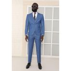 Dewsa Plus Mono Yaka Tek Düğme Çift Yırtmaç Yelekli Slim Fit Düz Mavi Takım Elbise - 44 - 6 Drop - Açık Mavi