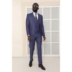 Dewsa Plus Mono Yaka Tek Düğme Çift Yırtmaç Yelekli Slim Fit Düz Mavi Takım Elbise - 56 - 6 Drop - Koyu Mavi